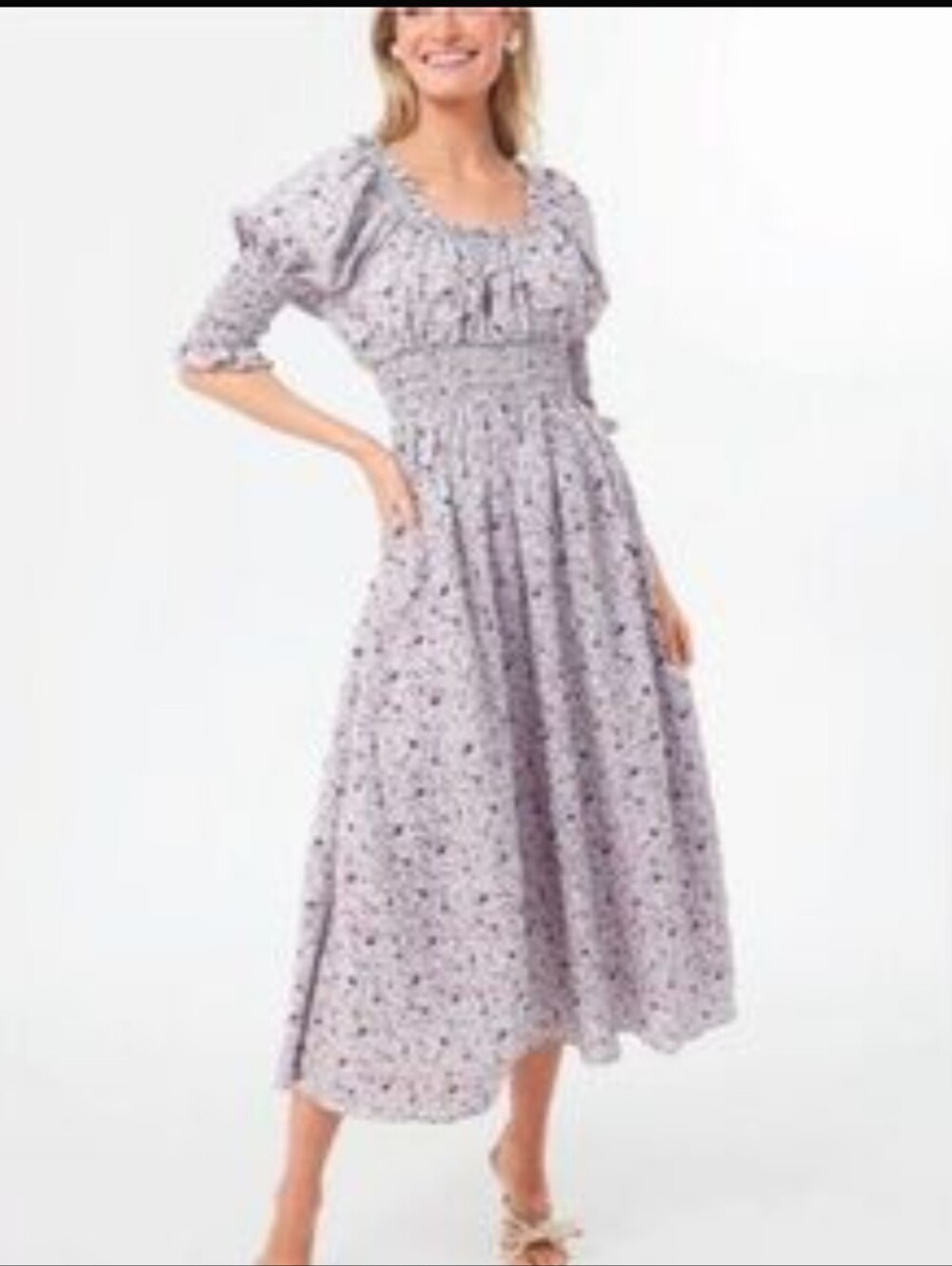 Smocked Waist Lavender Floral Maxi Dress with Puff Sleeves